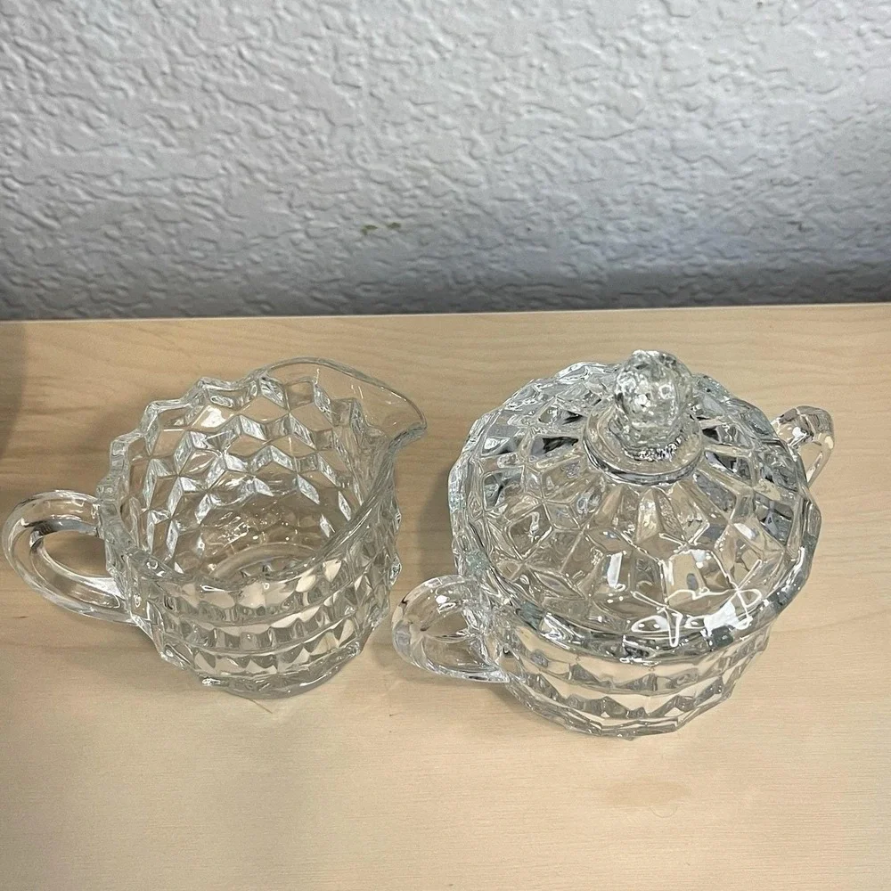 Vintage Fostoria American Cubist Pattern Clear Glass Creamer &‎ Sugar Set W/Lid